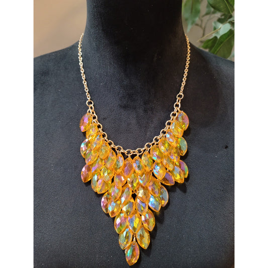 Gold Tone Crystal Leaf Bib Necklace Earrings Set Statement Jewelry Women Gifts