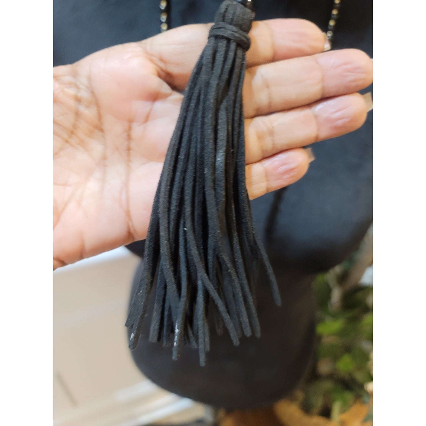 Women's Black Beaded Necklace With Gold Accents Tassel Pendant Lobster Clasp