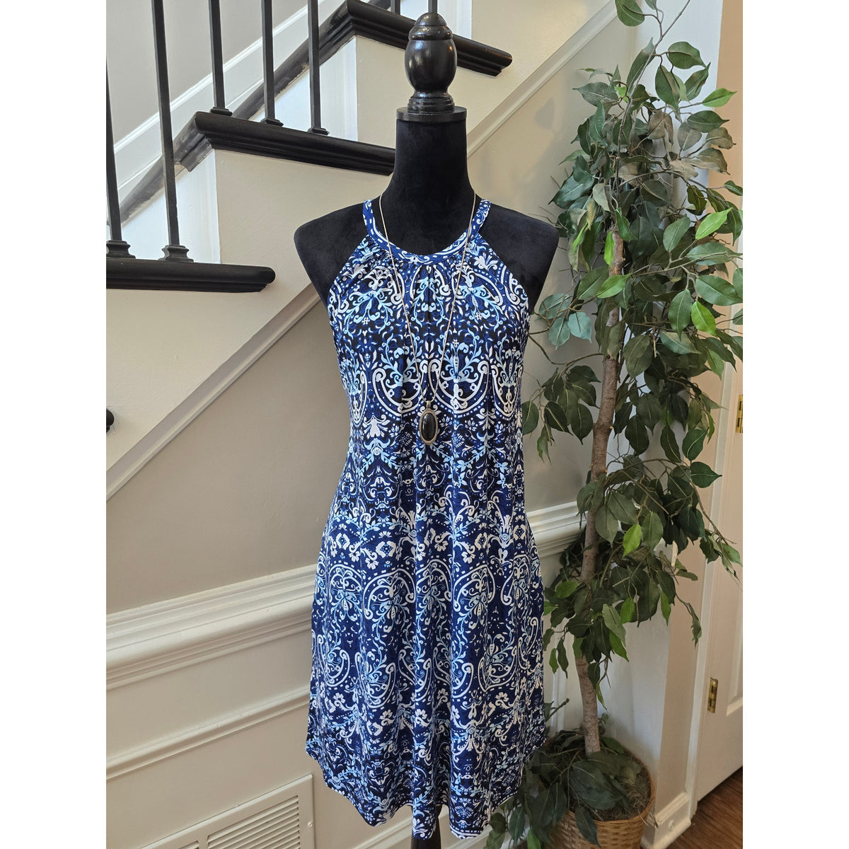 Jones New York A-Line Dress Women's Medium Blue Damask Halter Neck Shelf Bra