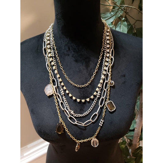 Womens Fashion Layered 2 Tone Multi Chains Crystals Rhinestones Necklace Jewelry