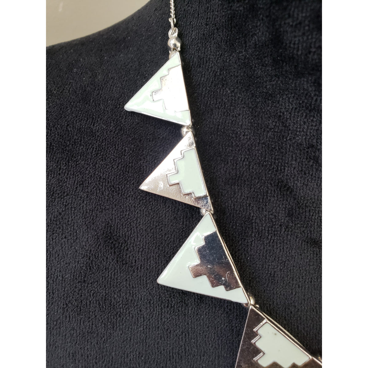 Womens Silver Plated Link Triangle Enamel Statement Necklace with Lobster Clasp