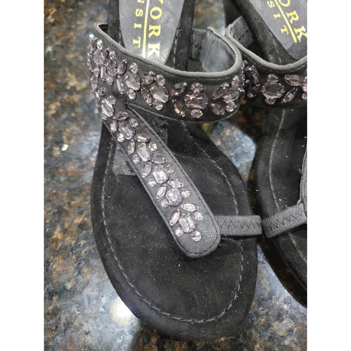 New York Transit Bling Wedge Sandals Womens Size 8M Black Crystal Stone Slip On