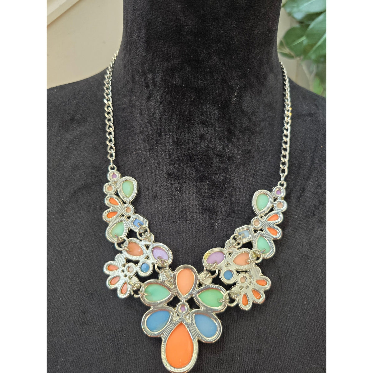 Colorful Floral Bib Statement Necklace Orange Blue Green Pink