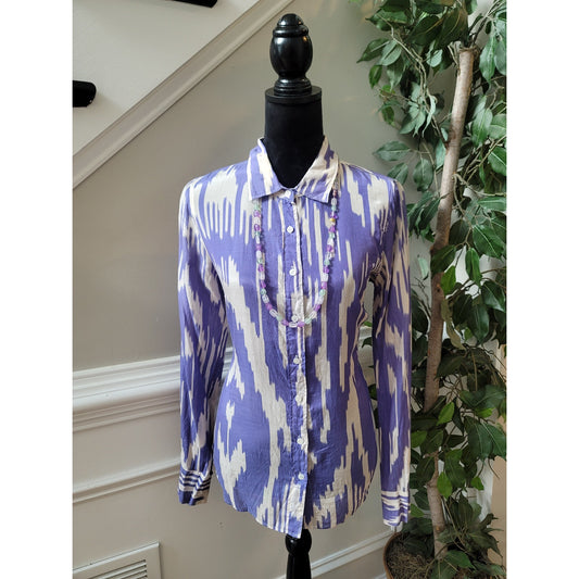 J Crew Button Up Shirt Women's Size 8 Purple White Silk Cotton Blend Long Sleeve