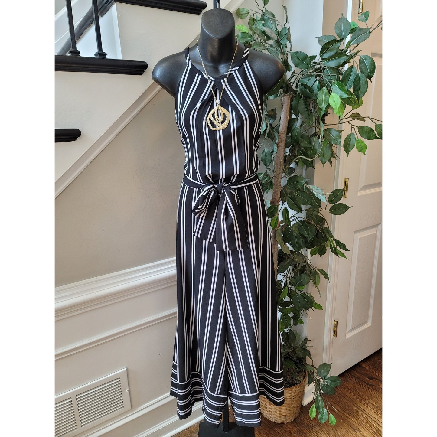 Emma Michele Romper Women Size 16 Black White Striped Belted Midi Sleeveless