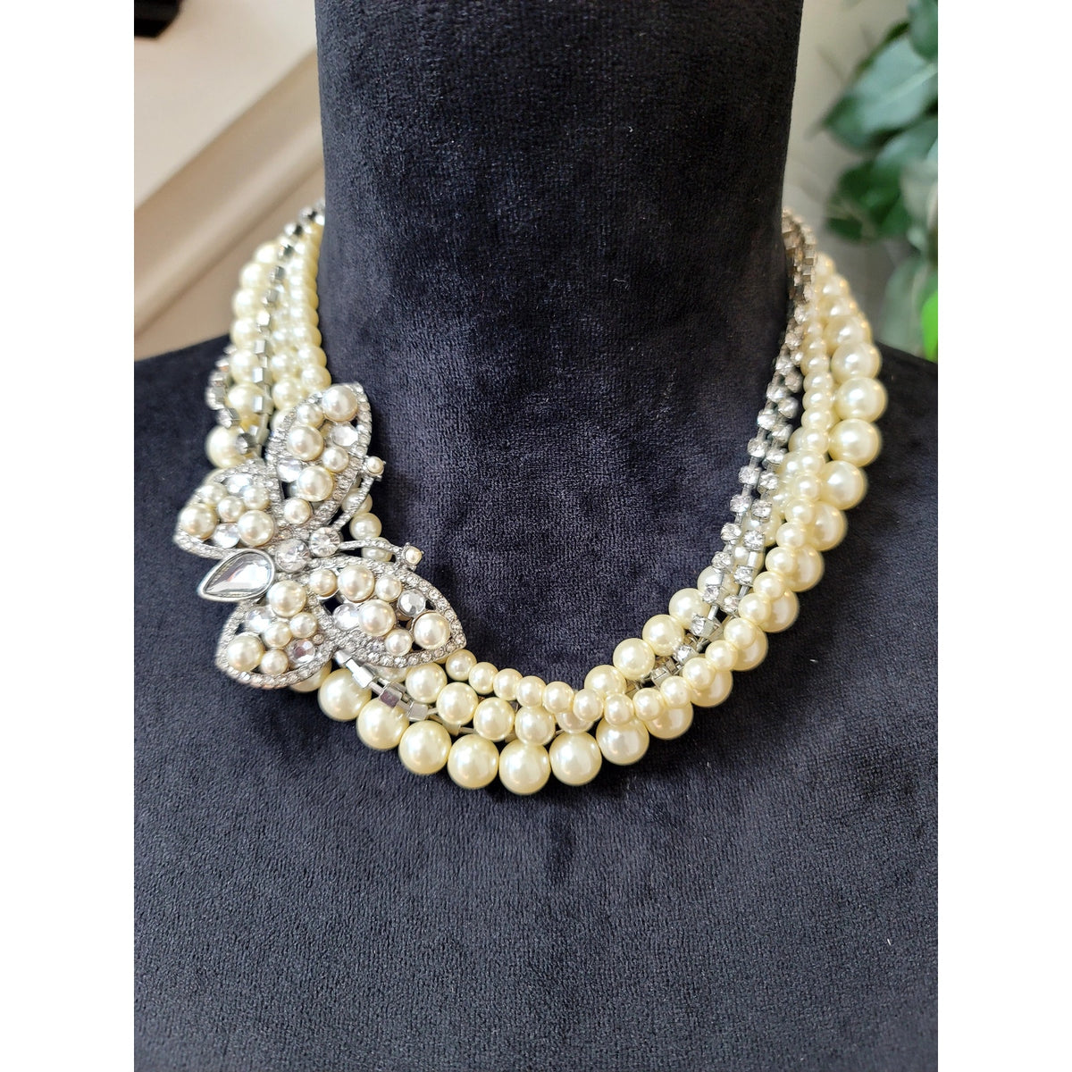 Vintage Faux Pearl Multi-Strand Necklace Rhinestone Floral Clasp Statement