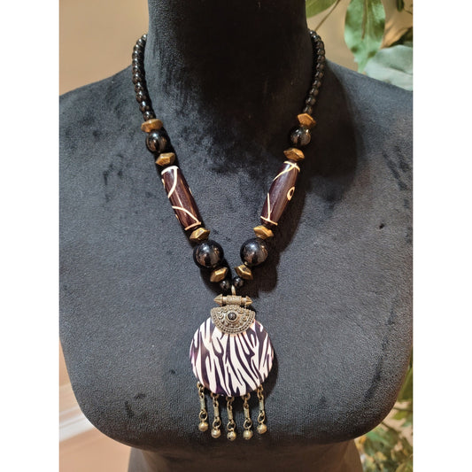 Womens Bohemian Black Beaded Necklace With Tribal Pendant And Lobster Clasp Lock