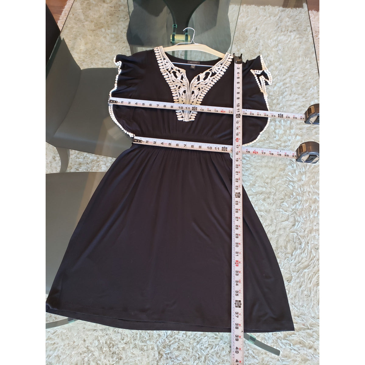 Spense Sheath Dress Women Medium Black Lace Trim V Neck Short Sleeve Cinch Waist