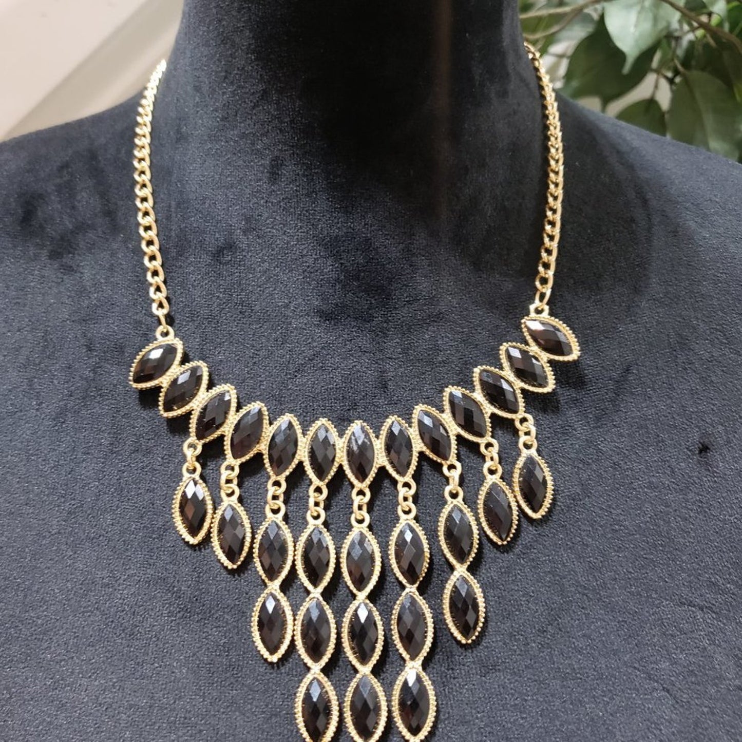 Women's Black & Gold Chain Teardrop Beaded Stylish Statement Fashion Necklace