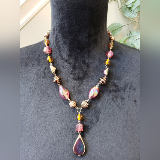 Womens Multi Tone Multiple Beaded Amber Pendant Necklace with Lobster Clasp