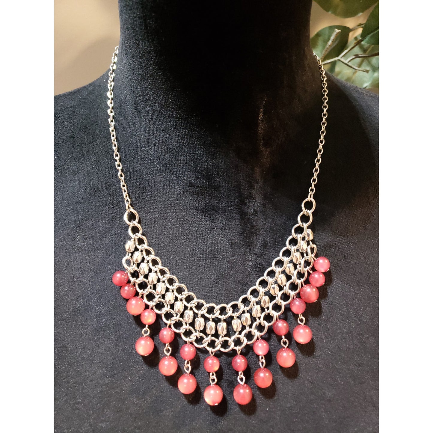Women Silver Tone Necklace with Red Beads and Dangle Accents Jewelry