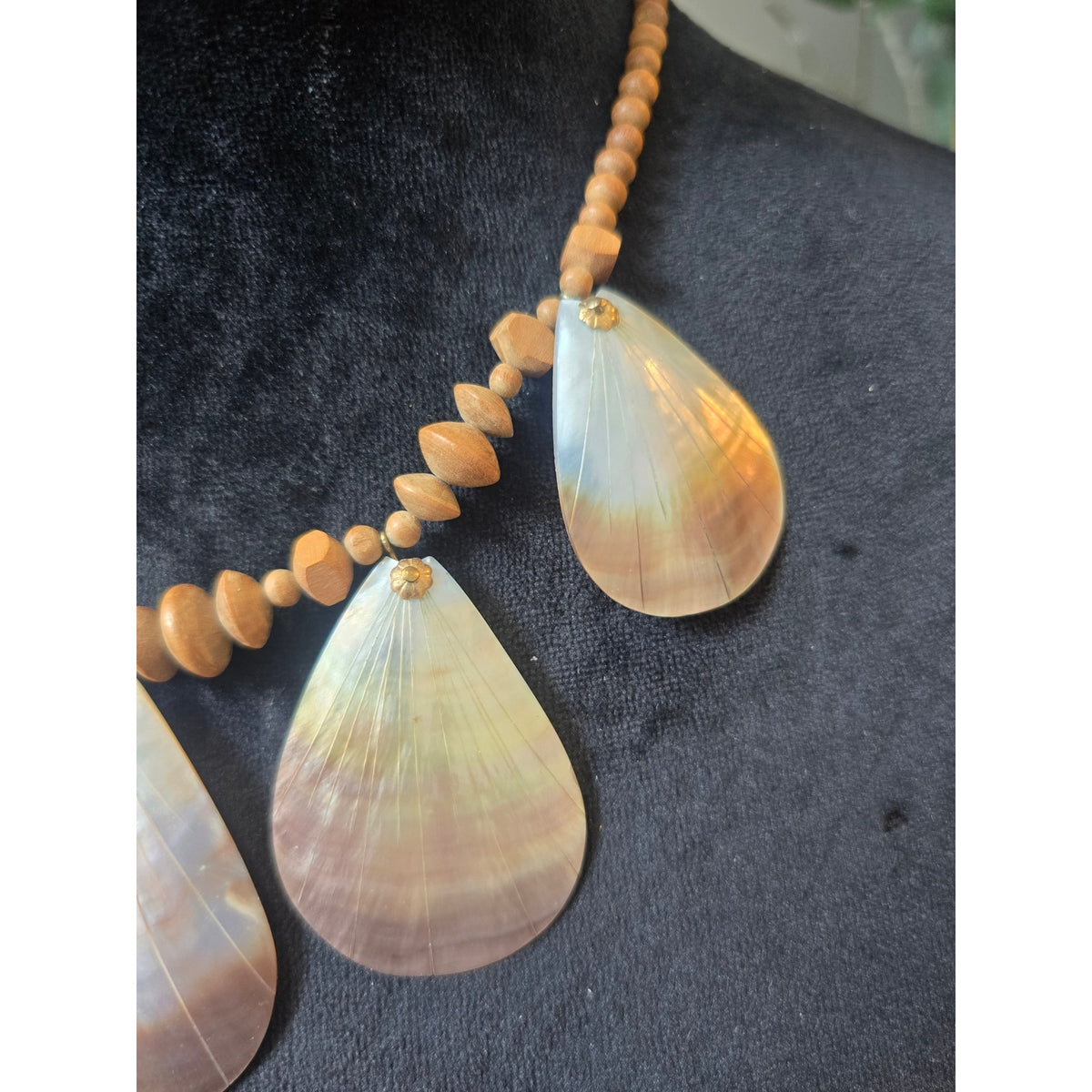 Lightweight Brown Wood Bead Iridescent Shell Teardrop Statement Necklace