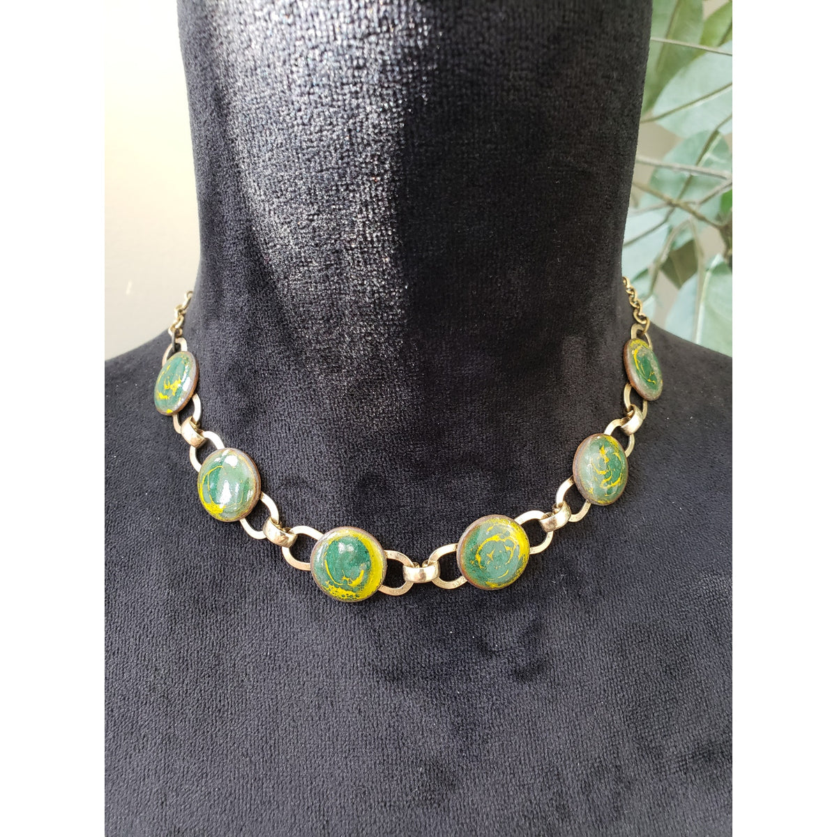 Womens Gold Tone Green Dragon’s Breath Cabochon Station Necklace with Hook & Eye