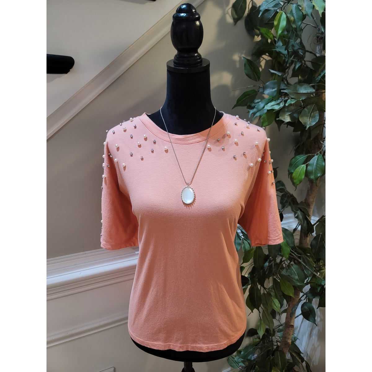 INC Blouse Top Women's Medium Peach Rhinestone Pearl Half Sleeves Crew Neck