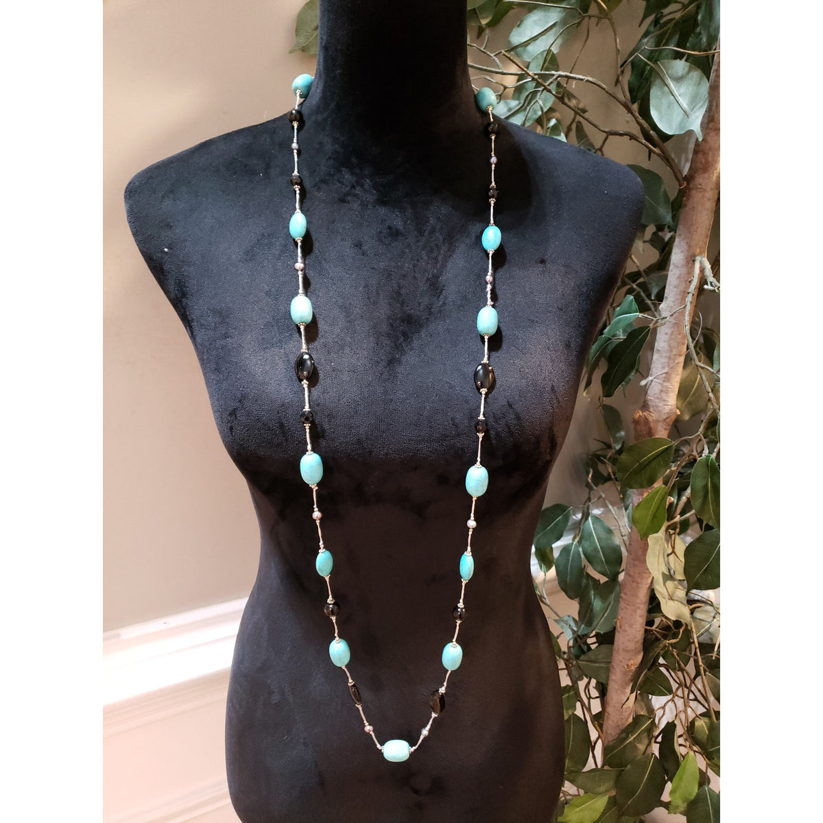 Women Fashion Turquoise Black Acrylic Beaded Station Necklace Jewelry w/ Lobster