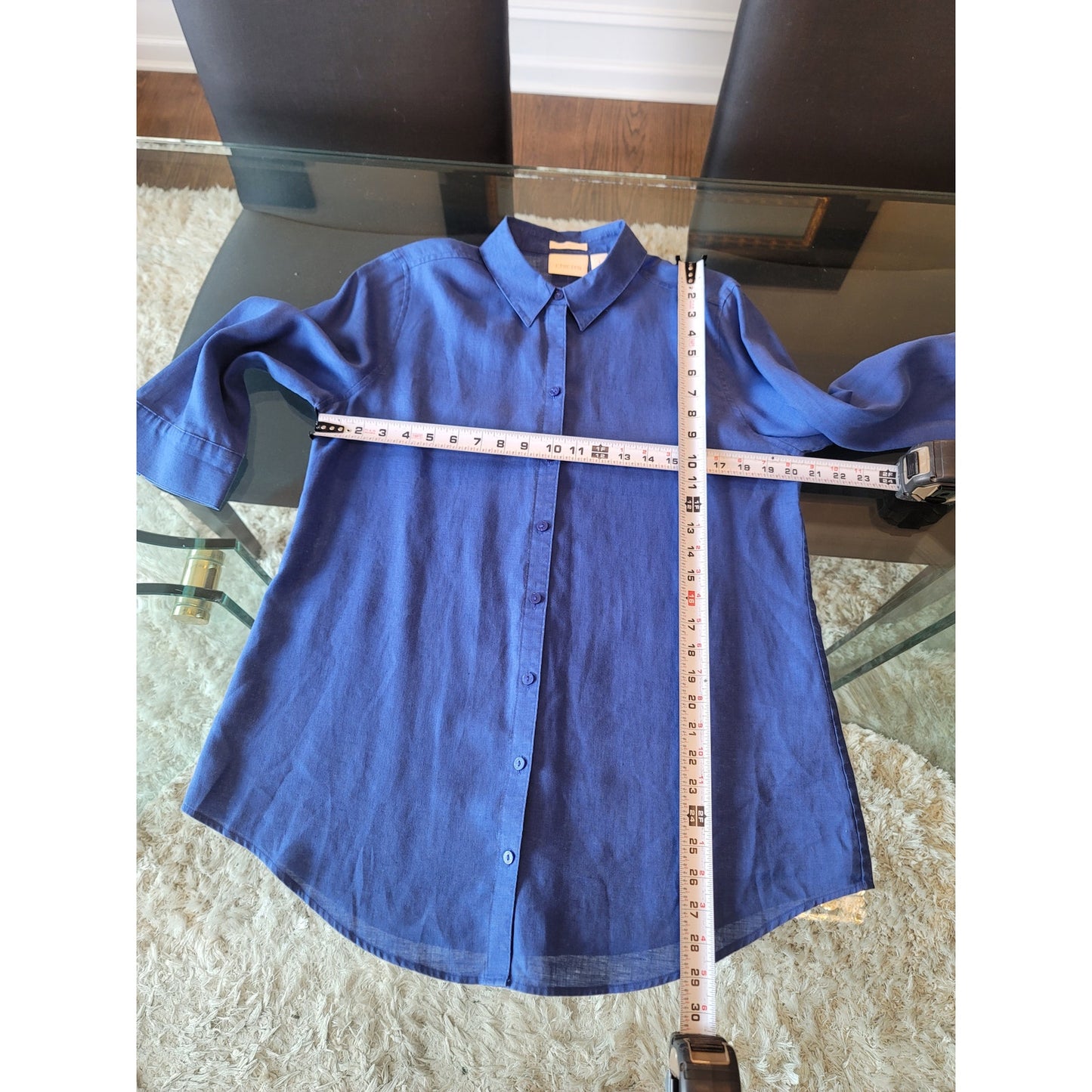 Chico's Linen Button Front Tunic Shirt Women's Size 1 Medium Blue Long Sleeves