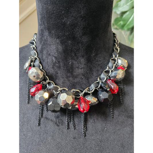 Gunmetal Silver Tone Red Crystal Chunky Beaded Chain Fringe Necklace