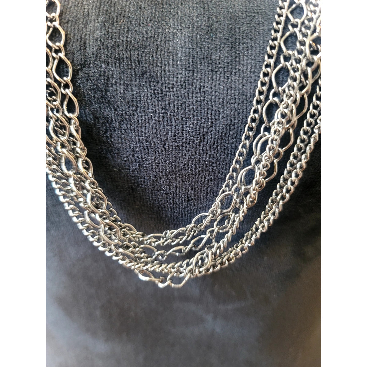Gunmetal Layered Chain Necklace with Navy Blue Faceted Bead Clusters Statement