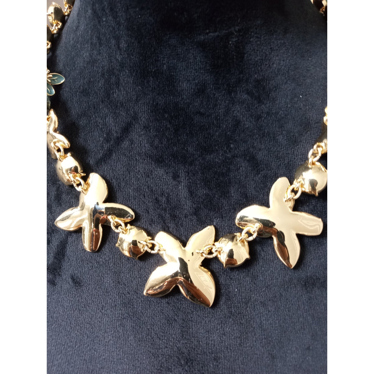 Blue Enamel Flower Rhinestone Statement Necklace Gold Tone Floral Bib Wedding