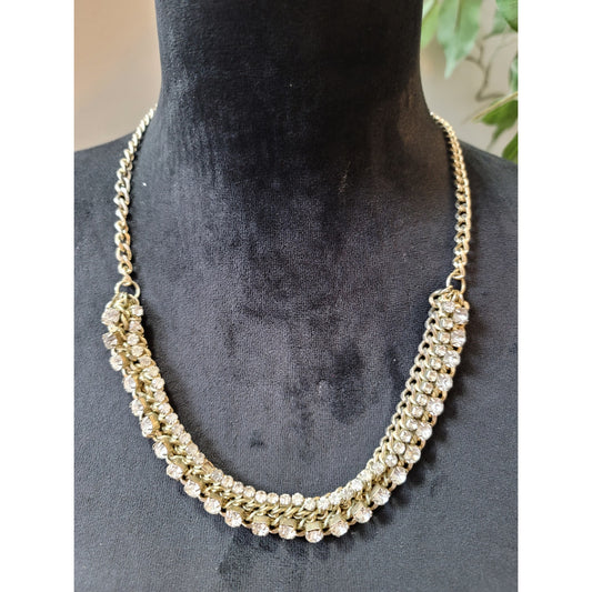 Women's Gold Necklace with Clear Rhinestones and Stylish Chain Links