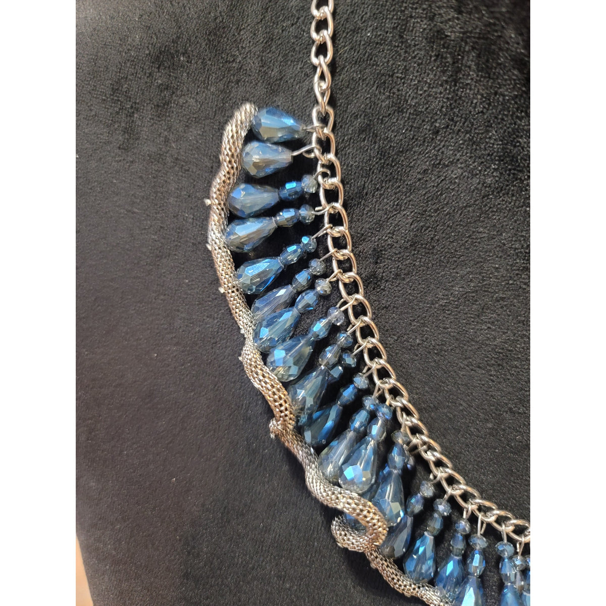 Women's Silver Tone Blue Faceted Crystal Bib Necklace Statement Fashion Jewelry