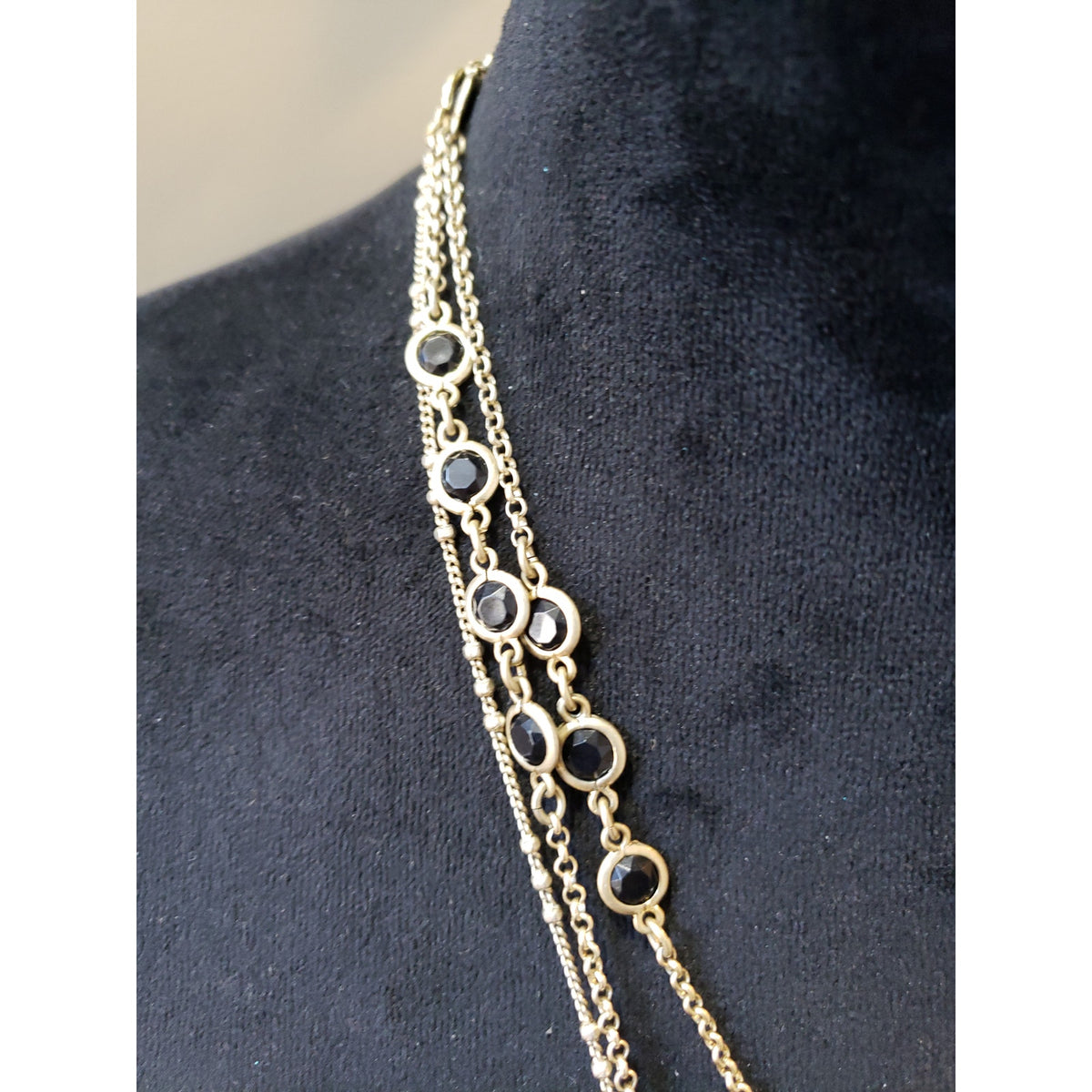 Women's Gold Tone Layered Necklace Black Crystal Key Pendant Vintage Style