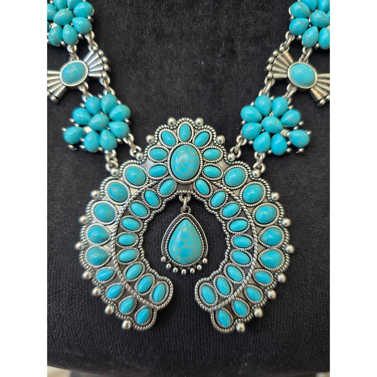 Turquoise Blue Floral Beaded Squash Blossom Style Silver Tone Necklace