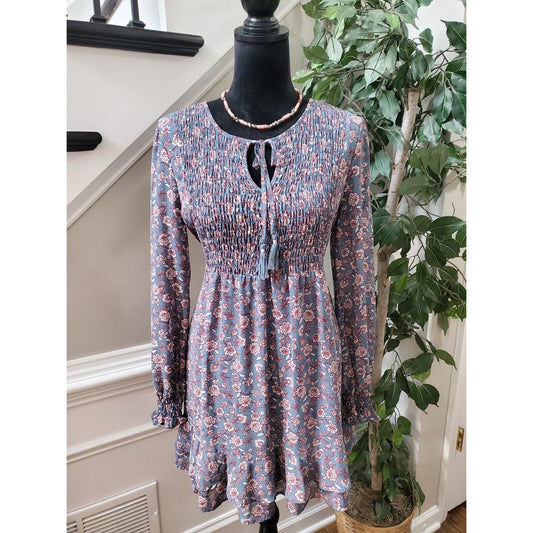Women's Multicolor Floral Polyester Round Neck Long Sleeve Knee Length Dress M