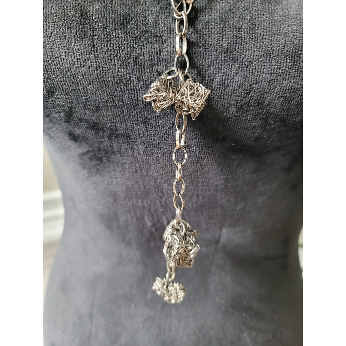 Women's Handmade Silver Chain Necklace With Wire Cube Charms Statement Jewelry