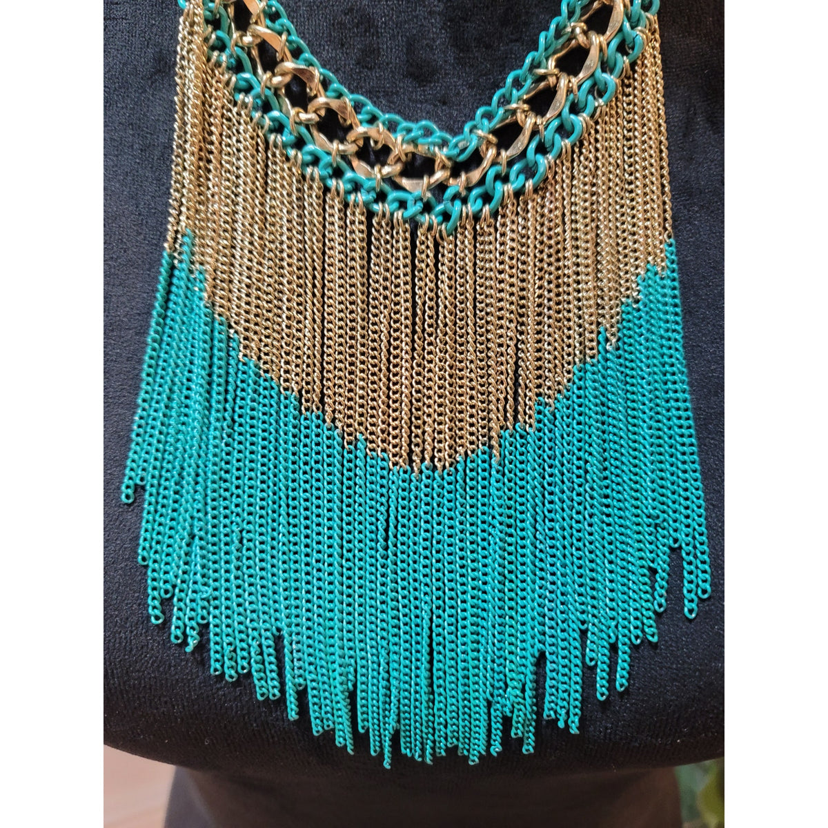 Women's Turquoise And Gold Fringe Statement Necklace With Lobster Clasp Lock
