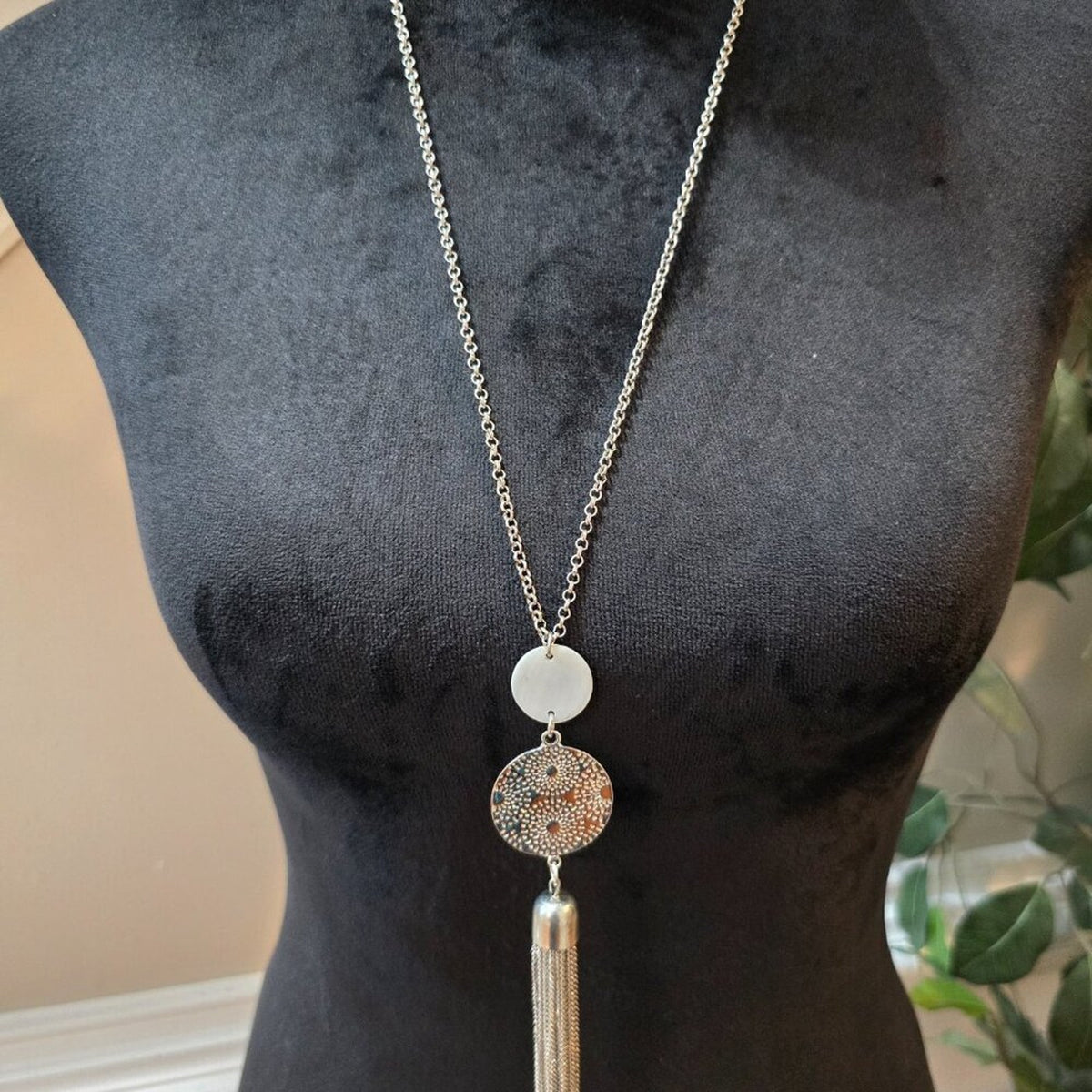 Womens Long Silver Tone Orb & Tassel Pendant Statement Necklace Lobster Clasp