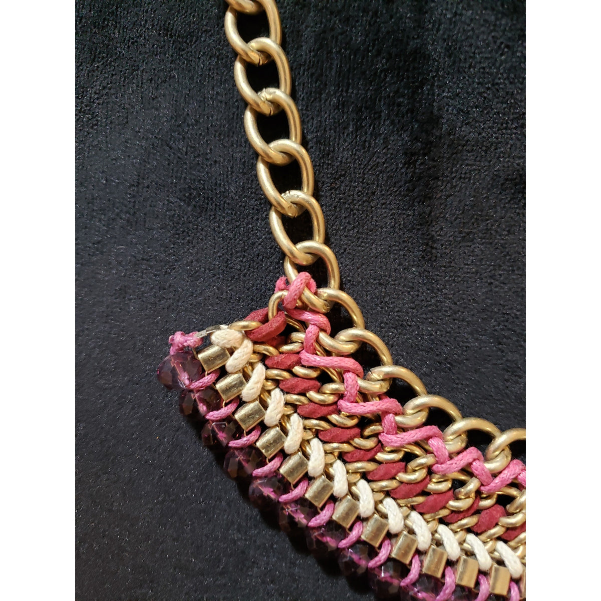 Womens Fashion Gold Tone Threads & Metal Chain Woven Braided Statement Necklace