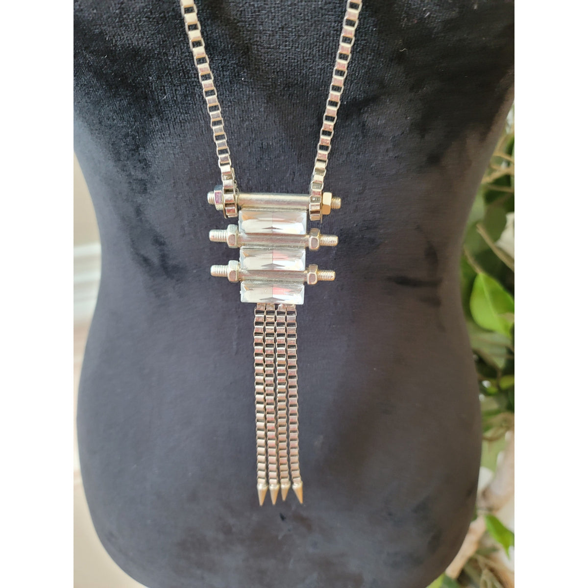 Women's Silver Industrial Chain Necklace With Clear Rectangular Crystal Accents