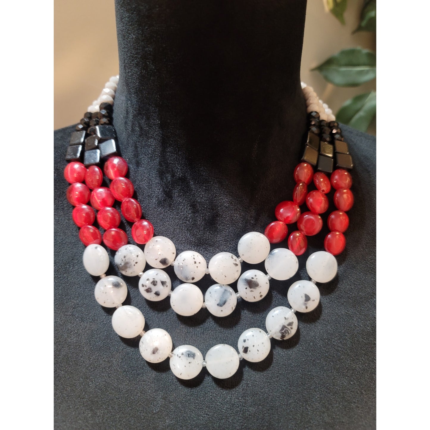 Womens Multi Strand Beaded Necklace With Red White Black Stones Spring Ring Lock