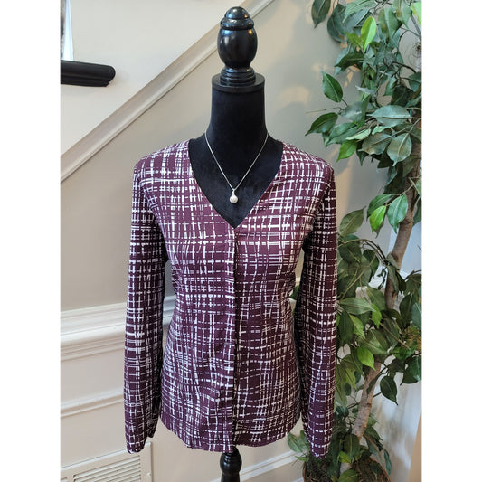 Banana Republic Top M Plum Geometric Check V-Neck Long Sleeve Keyhole Button-Up