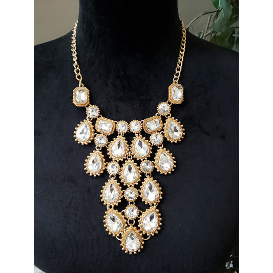 Womens Gold Crystal Statement Necklace Teardrop Rhinestone Adjustable Chain