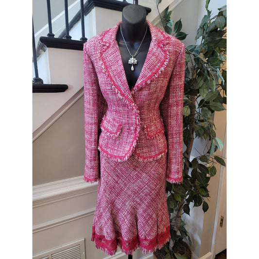 I.C.E. Skirt Suit Set Women's SZ 10 Pink Long Sleeve Blazer Front Pocket Lined