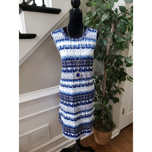 AGB Womens Blue & White Polyester Round Neck Sleeveless Knee Length Dress Size M