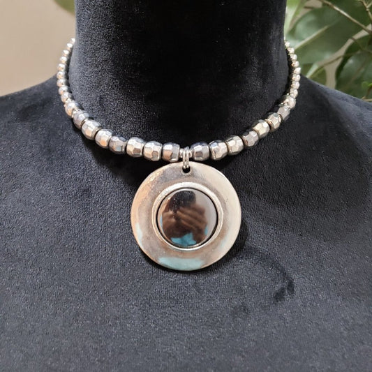 Womens Fashion Silver Round Beads & Big Stone Alloy Base Pendant Collar Necklace