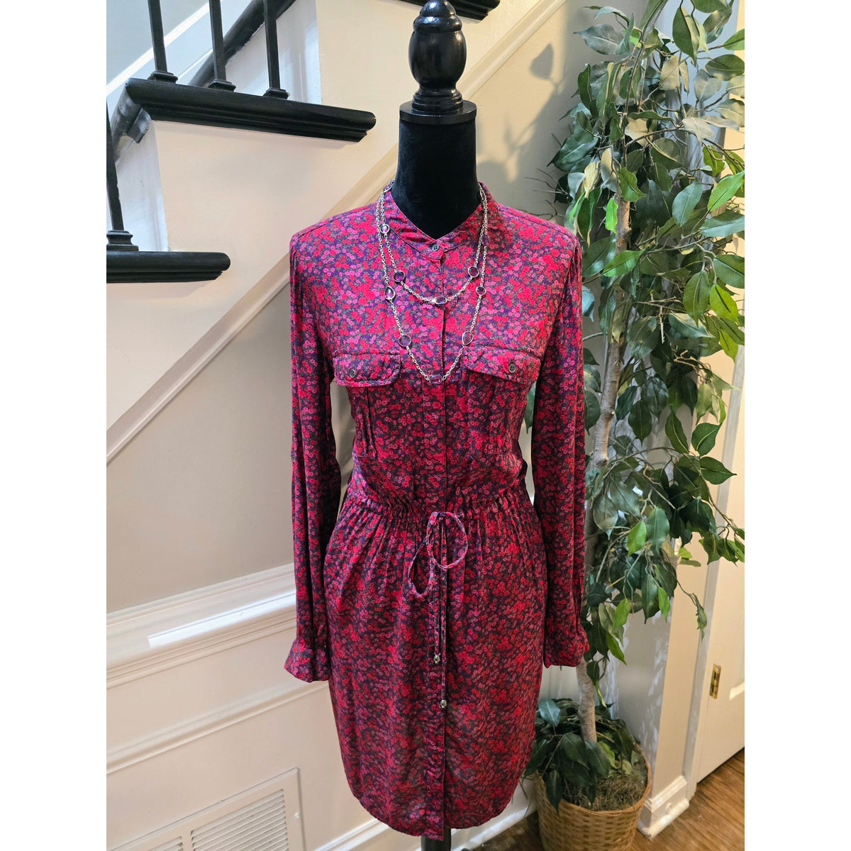 H&M Floral Shirt Dress Women's Size 10 Multicolor Collard Long Sleeves