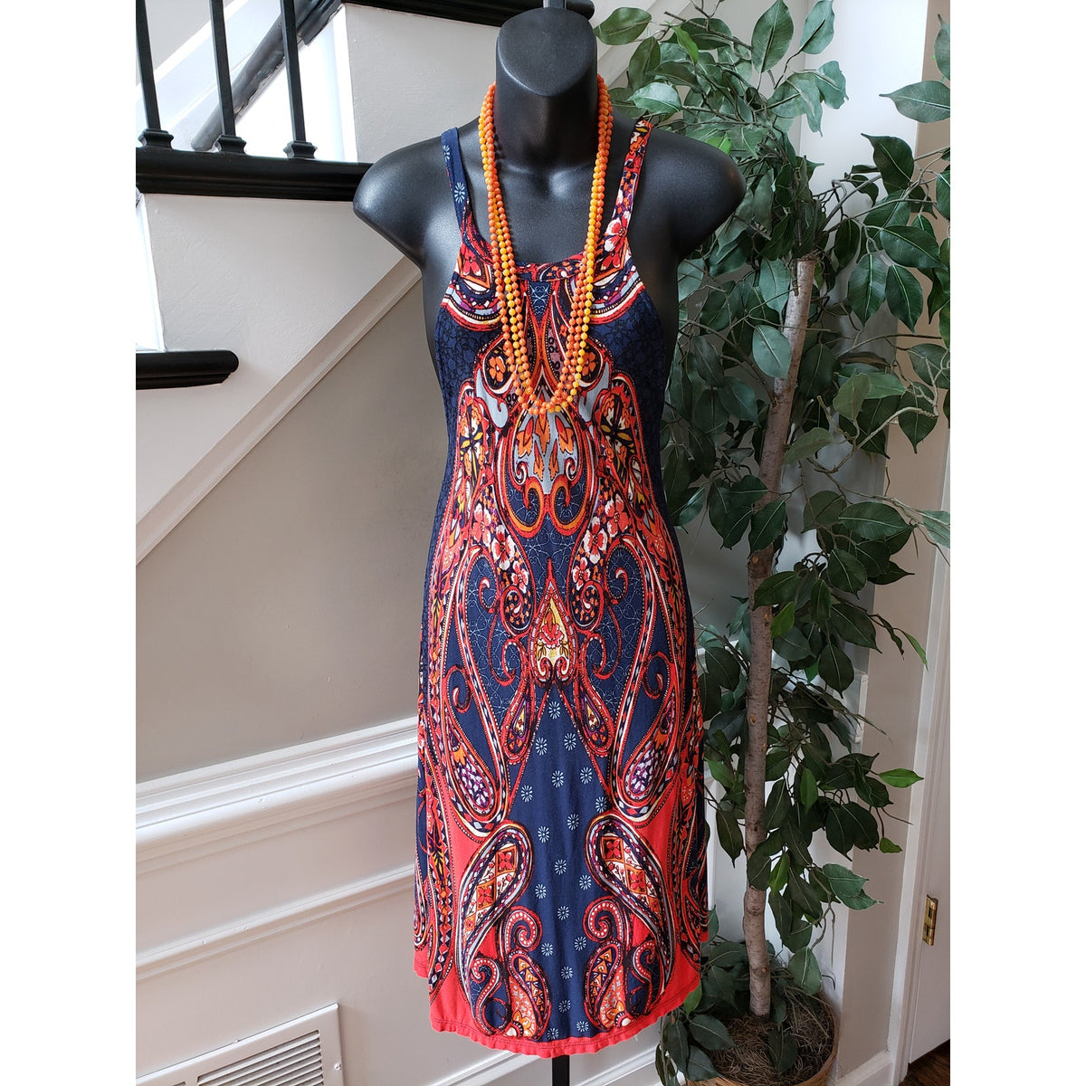 Lascana Bodycon Dress Women's Size M Blue Paisley Fitted Round Neck Sleeveless