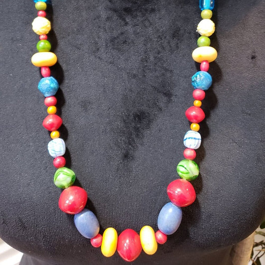 Womens Fashion Multicoloured Round and Button Wood Bead Necklace with Lobster