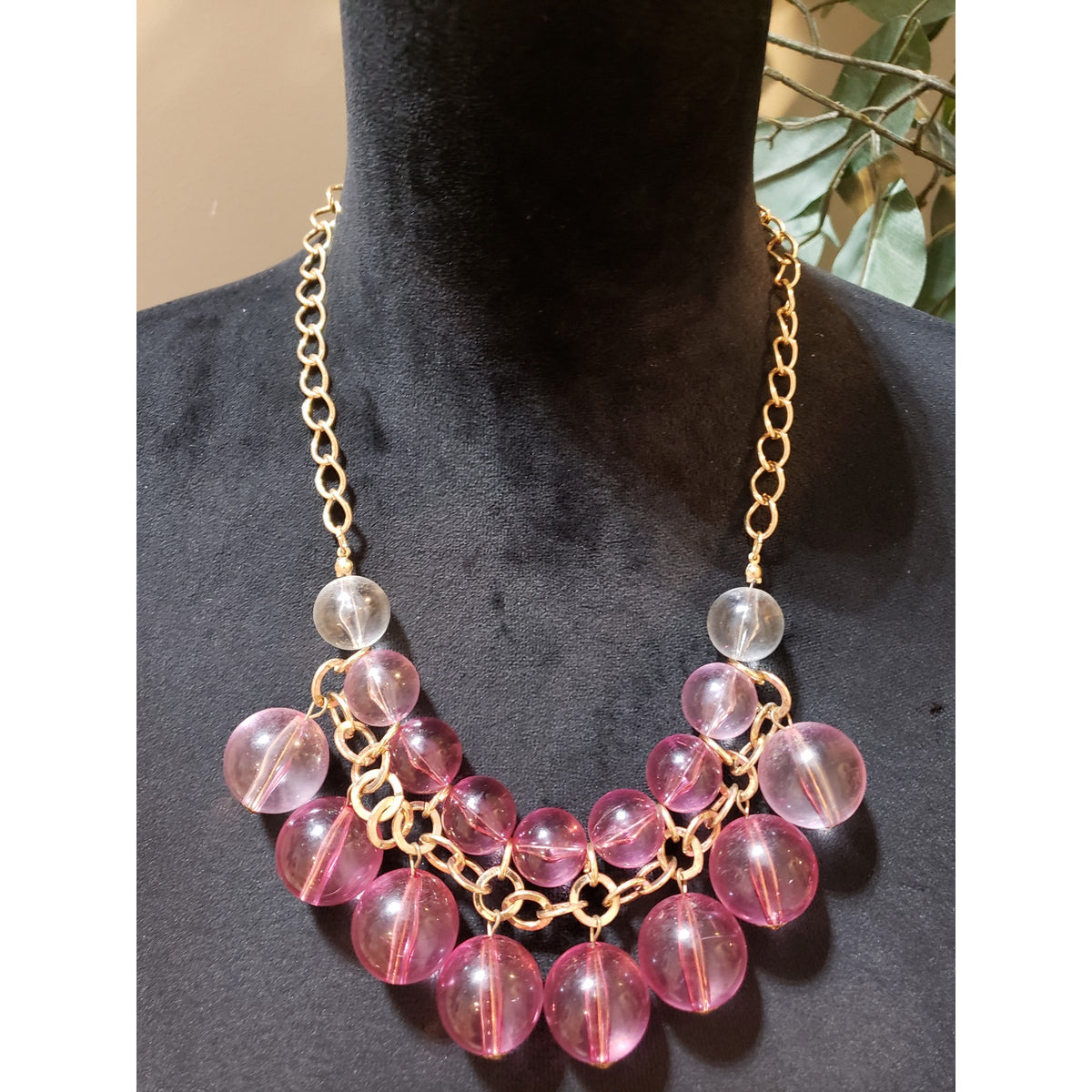 Womens Gold Tone 2 Strand Pink Glass Balls Statement Necklace with Lobster Clasp