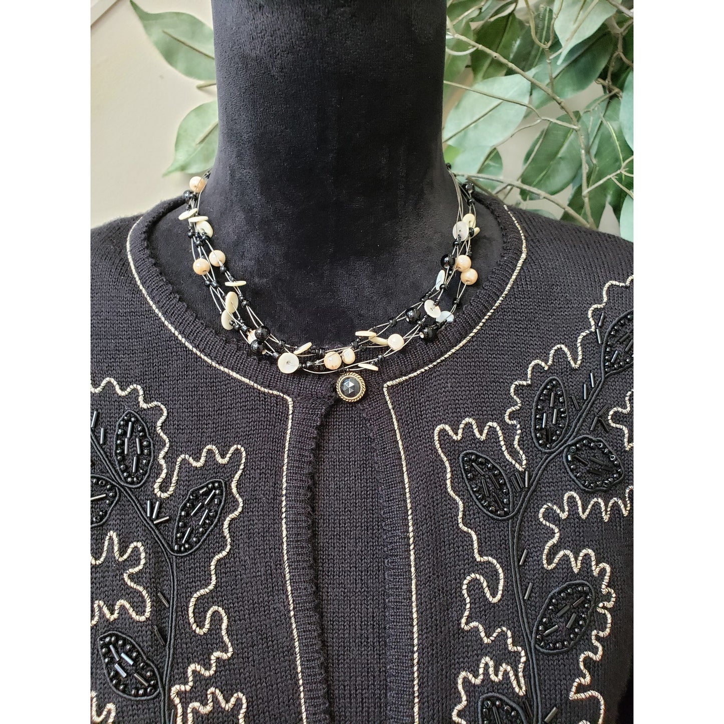 Alfred Dunner Cardigan Sweater Womens Petite M Black Layered Embroidered Beaded