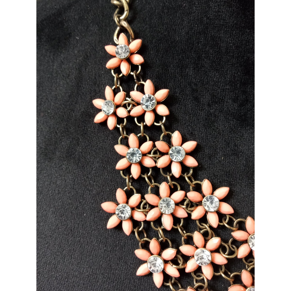 Peach Enamel Flower Statement Bib Necklace Rhinestone Gold Tone Floral Collar