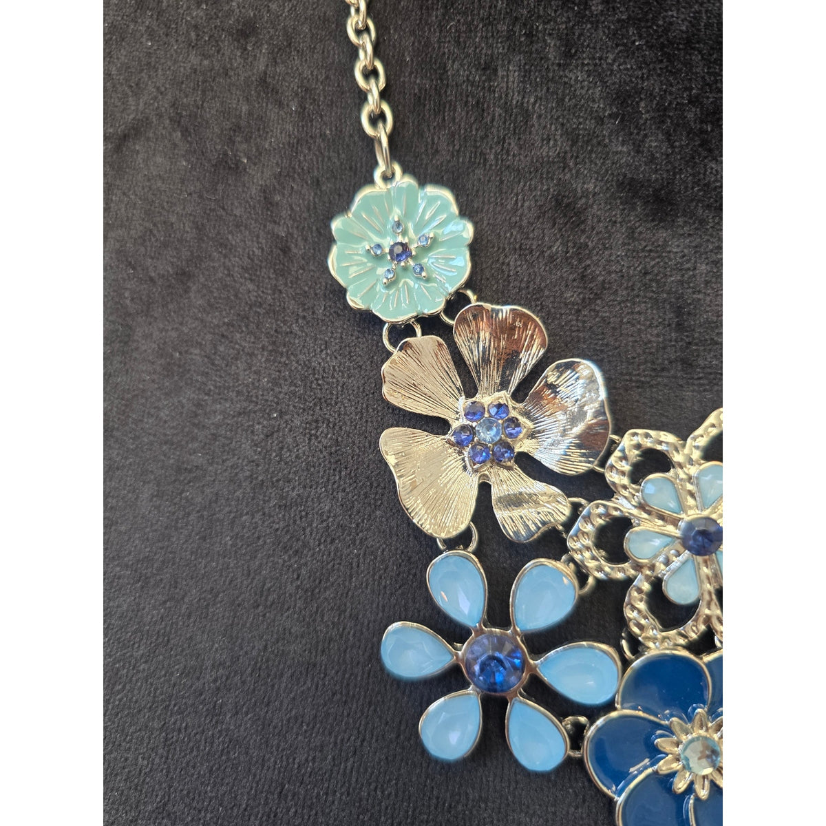 Blue Turquoise Enamel Floral Flower Cluster Silver Tone Bib Necklace