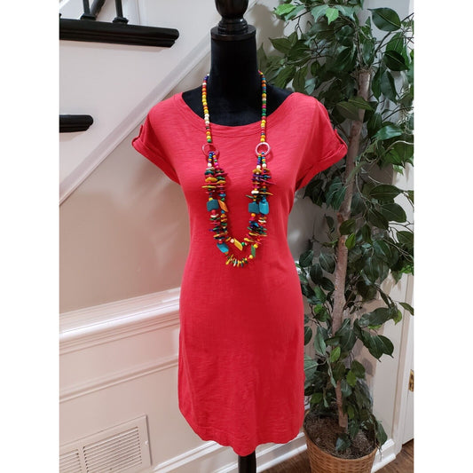 Banana Republic Women's Red Cotton Round Neck Short Sleeve Knee Length Dress M