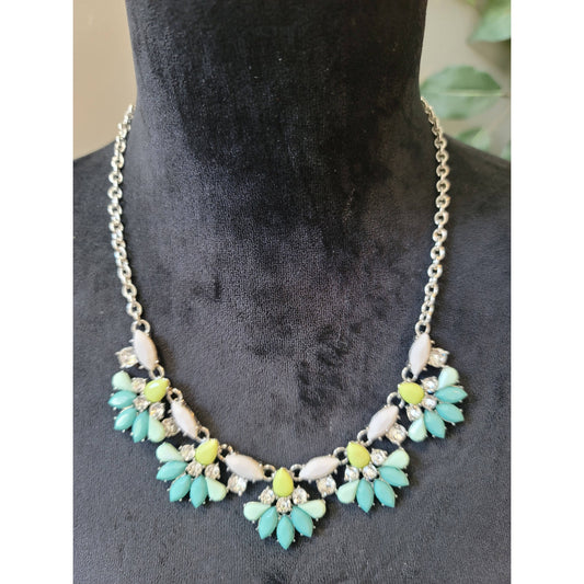 Women's Statement Bib Necklace Blue Green Crystal Floral Lobster Clasp Jewelry