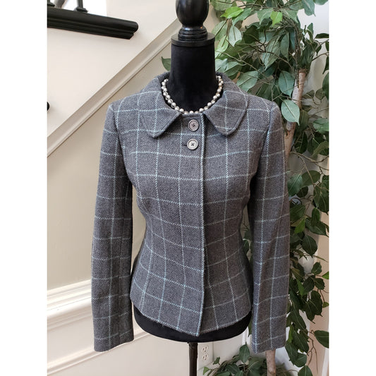 Brooks Brothers Blazer Jacket Women Large Checkered Gray Check Wool Button Front