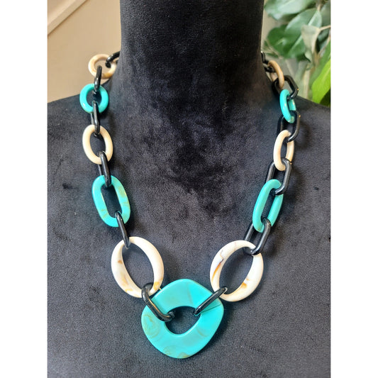 Chunky Resin Link Necklace & Earrings Set Turquoise Black White Statement Boho